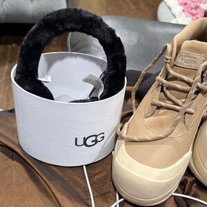 UGG Black Earmuffs and Tan Sneakers